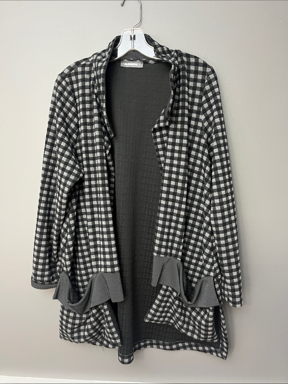 Lombok Open-Front Black & White Plaid Hooded Tunic Cardigan Sweater